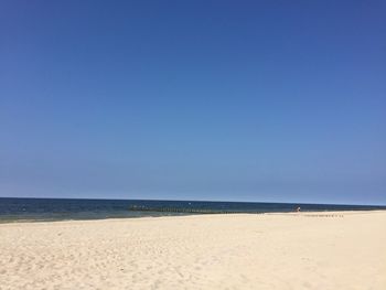 Scenic view of beach against clear blue sky