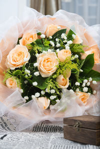 High angle view of roses in bouquet