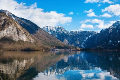 Scenic view of lake by snowcapped mountains against sky