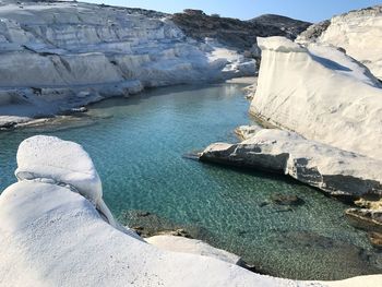 High angle view of sarakiniko beach milos