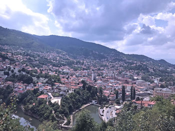 High angle view of townscape against sky