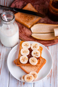 High angle view of breakfast served on table