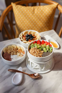 High angle view of breakfast served on table