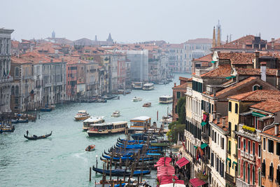 High angle view of buildings and canal in city