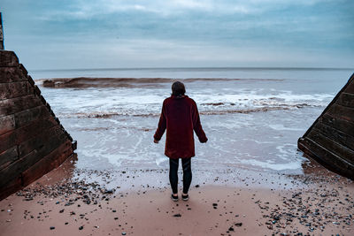 Rear view of man standing at beach