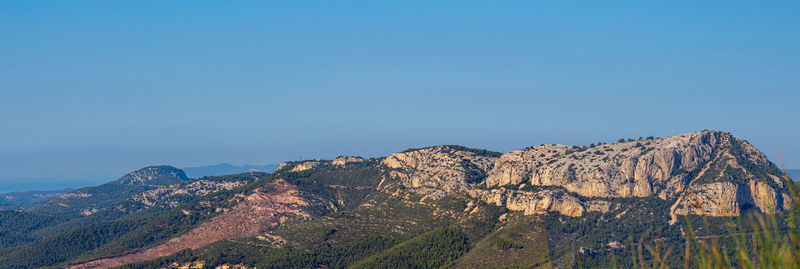 Panoramic view of landscape and mountains against clear blue sky