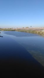 Scenic view of lake against clear blue sky