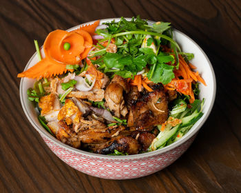 High angle view of food in bowl on table