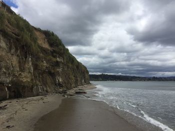 Scenic view of sea and mountains against sky