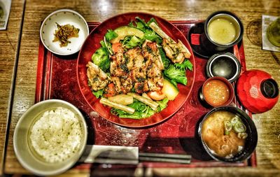 High angle view of meal served on table