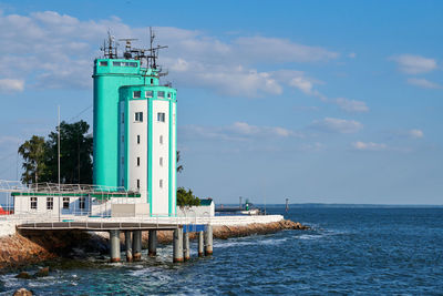 Navigation tower on baltic sea coast in baltiysk city. ship navigation management center