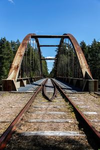 Surface level of railroad tracks against clear sky