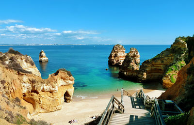 Panoramic view of sea and rocks against blue sky