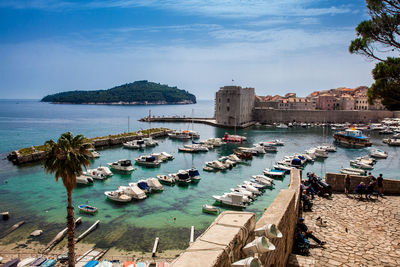 Dubrovnik city old port marina and fortifications