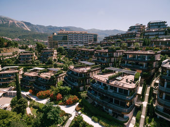 High angle view of buildings in city