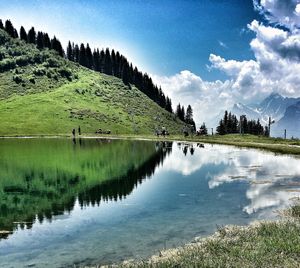Scenic view of lake against cloudy sky