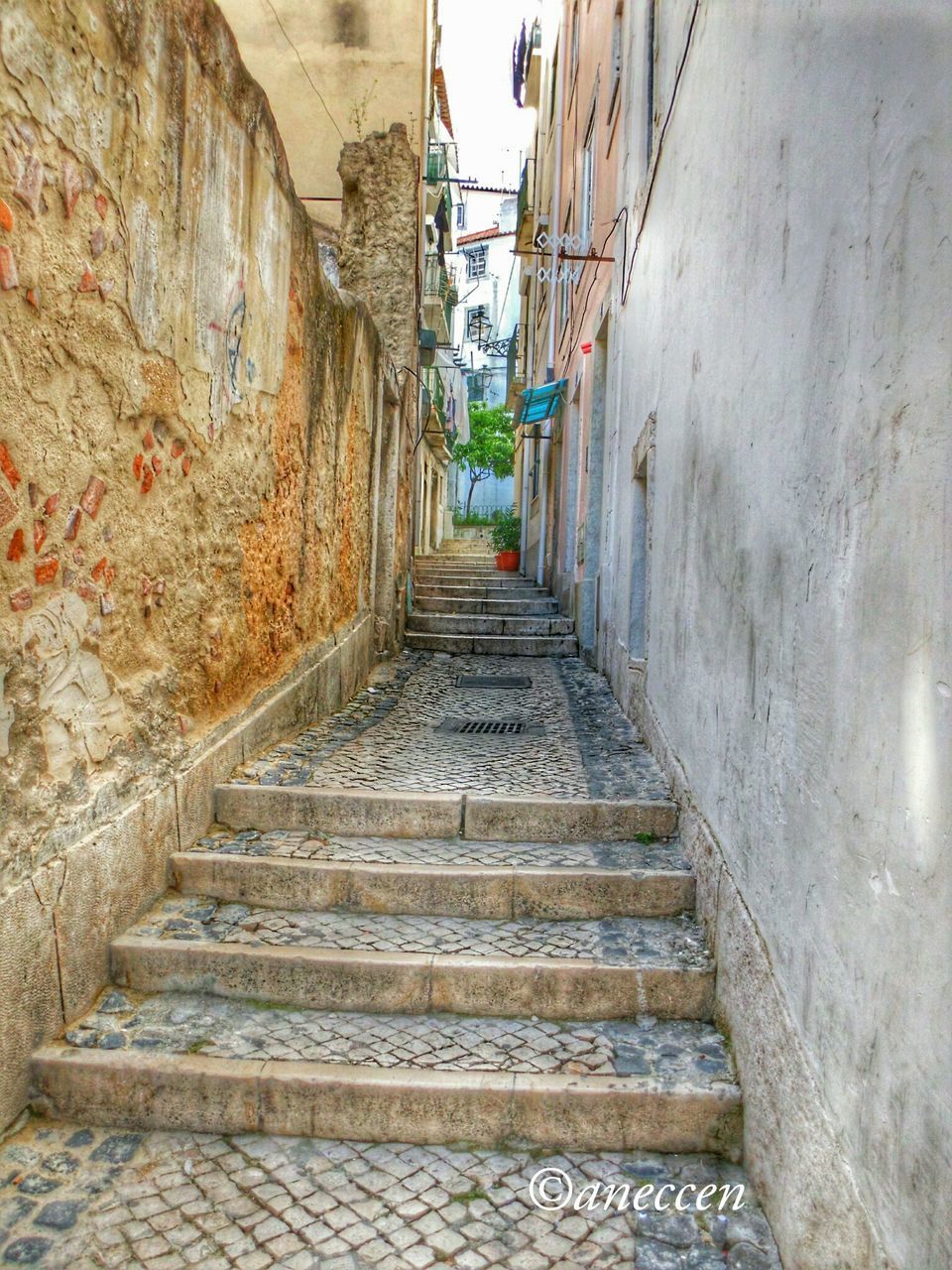architecture, the way forward, built structure, steps, building exterior, steps and staircases, staircase, narrow, wall - building feature, diminishing perspective, building, alley, vanishing point, old, house, wall, pathway, day, stone wall, cobblestone