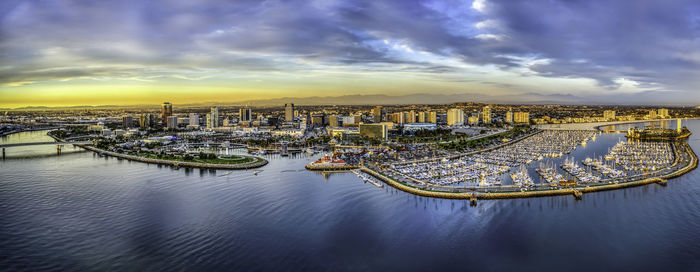 Aerial view of cityscape by river