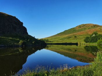 Scenic view of lake against clear blue sky