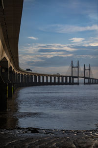 Bridge over sea against sky during sunset