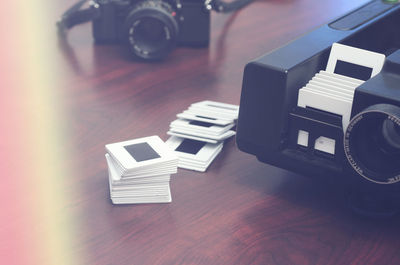 High angle view of camera on table