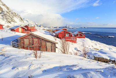 Houses on snowcapped mountain against sky