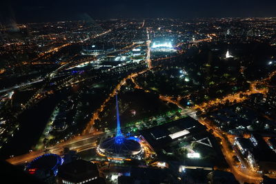 High angle view of illuminated cityscape at night