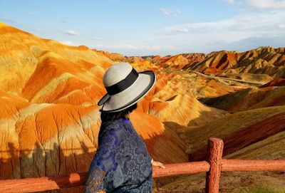 Rear view of person standing on mountain against sky