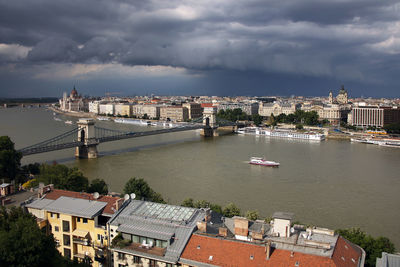 High angle view of buildings and river against cloudy sky