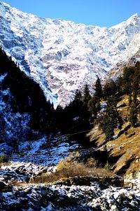 Scenic view of snowcapped mountains against clear sky