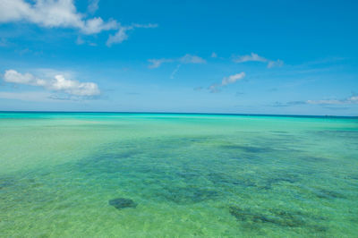 Scenic view of sea against blue sky