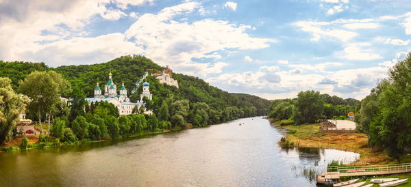 Seversky donets river near the svyatogorsk or sviatohirsk lavra on a sunny summer morning