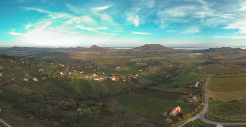 High angle view of agricultural field against sky