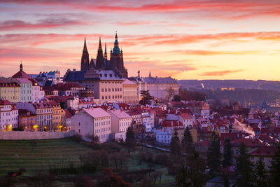 Sunrise view of prague castle from petrin hill, czech republic.