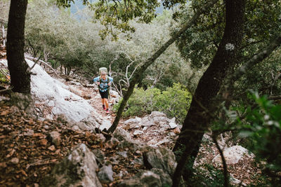 Rear view of boy on rock against trees