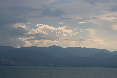 Scenic view of sea and mountains against sky