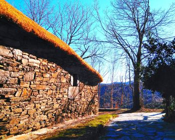 Stone wall by bare trees and building against sky