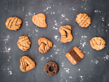 High angle view of cookies on table