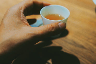 Close-up of hand holding cup of tea