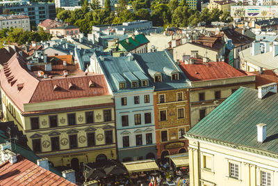 High angle view of buildings in city