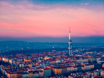 High angle view of city during sunset