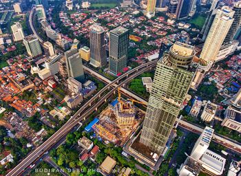 High angle view of city buildings