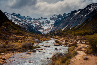 Scenic view of snowcapped mountains against sky during winter