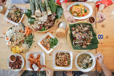 High angle view of meal served on table