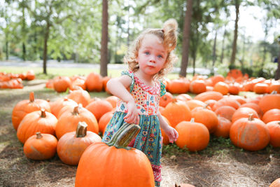 Portrait of cute girl with pumpkins in park during autumn