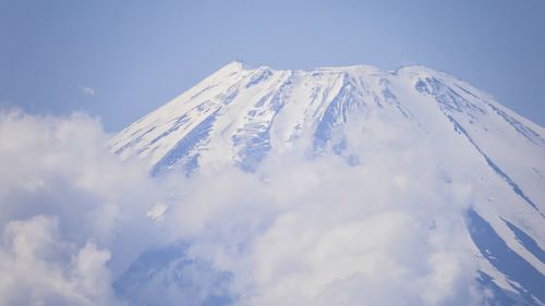 Low angle view of snowcapped mountain against sky