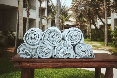 Towels rolled up on table