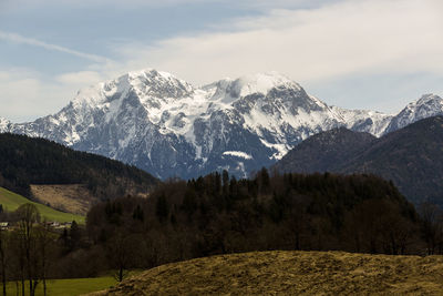 Snowy mountain panorama in bavarian alps, springtime