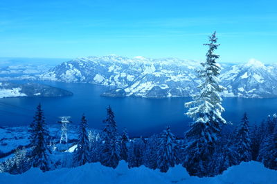 Scenic view of snow covered mountains against sky