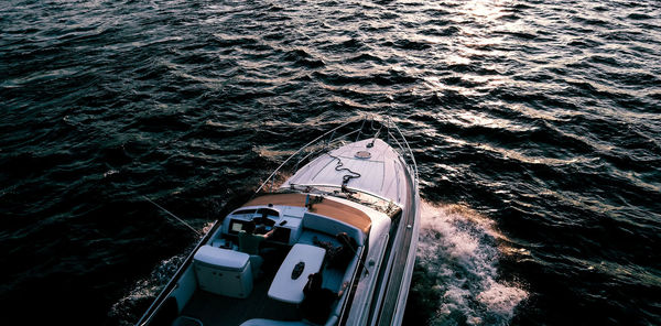 High angle view of ship sailing on sea